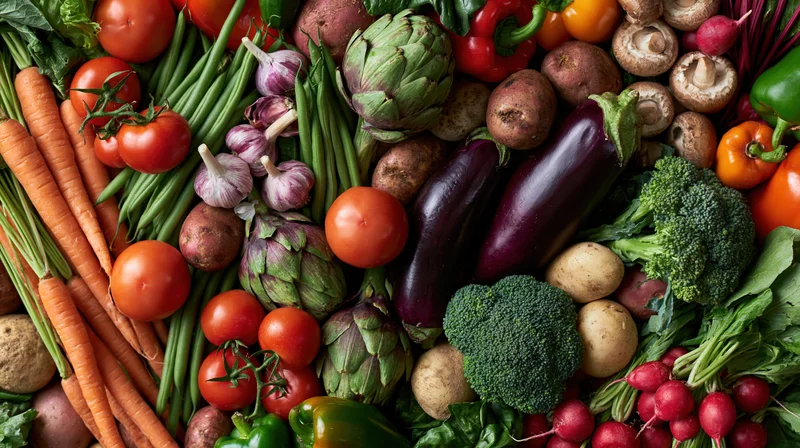 Overhead flat lay of fresh raw vegetables arranged densely in a colorful assortment