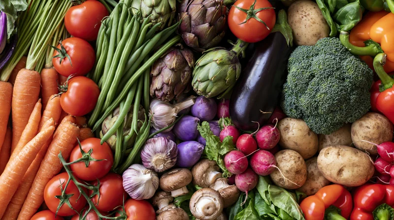 Overhead flat lay of fresh raw vegetables arranged in dense composition