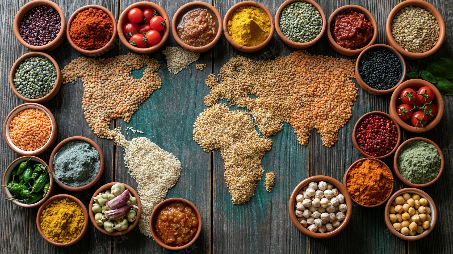 World map made from grains and spices arranged on wooden surface with bowls of ingredients around it