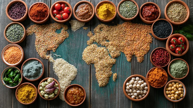 World map made from grains and spices arranged on wooden surface with bowls of ingredients around it