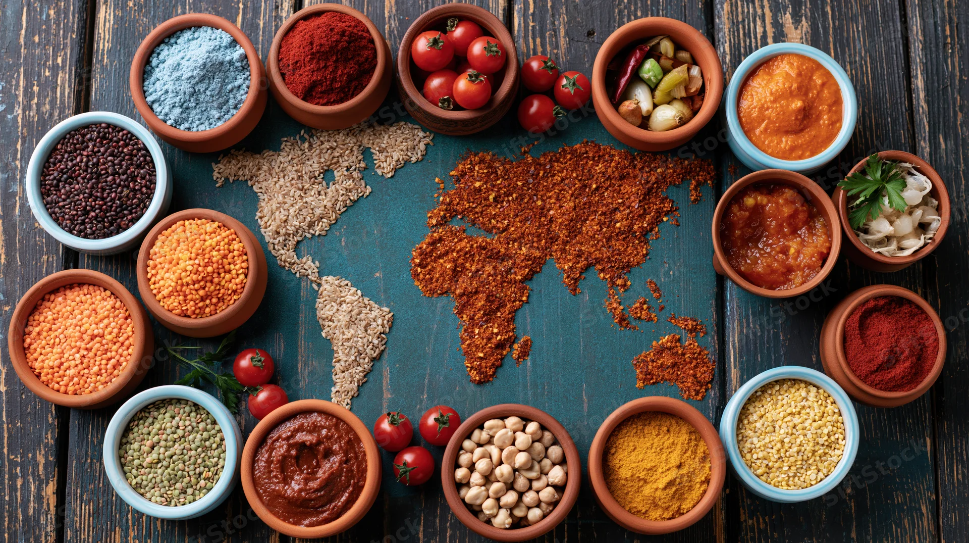 World map made from grains and spices arranged on dark wooden surface with bowls of food ingredients around it