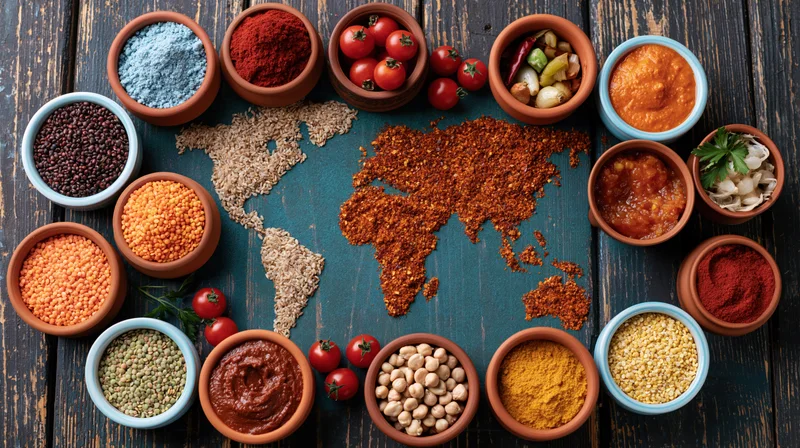 World map made from grains and spices arranged on dark wooden surface with bowls of food ingredients around it