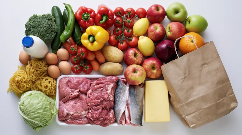 Assorted groceries arranged in flat lay overhead view on white surface