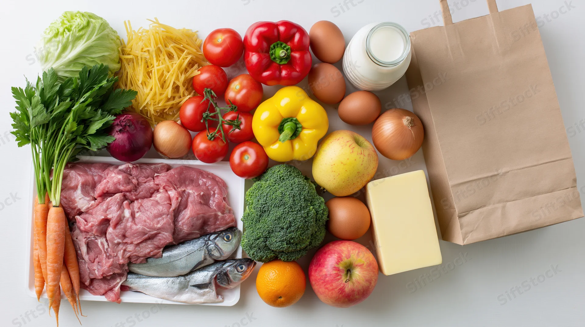 Assorted groceries arranged in flat lay overhead view on white surface