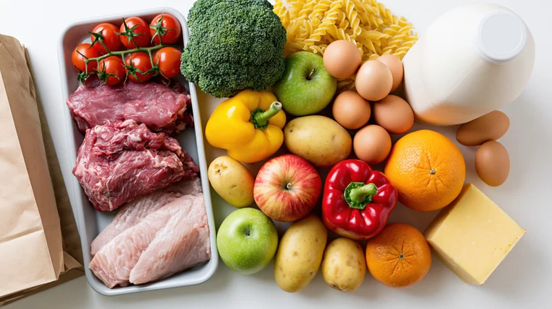 Assorted groceries arranged in a flat lay overhead view on a white surface