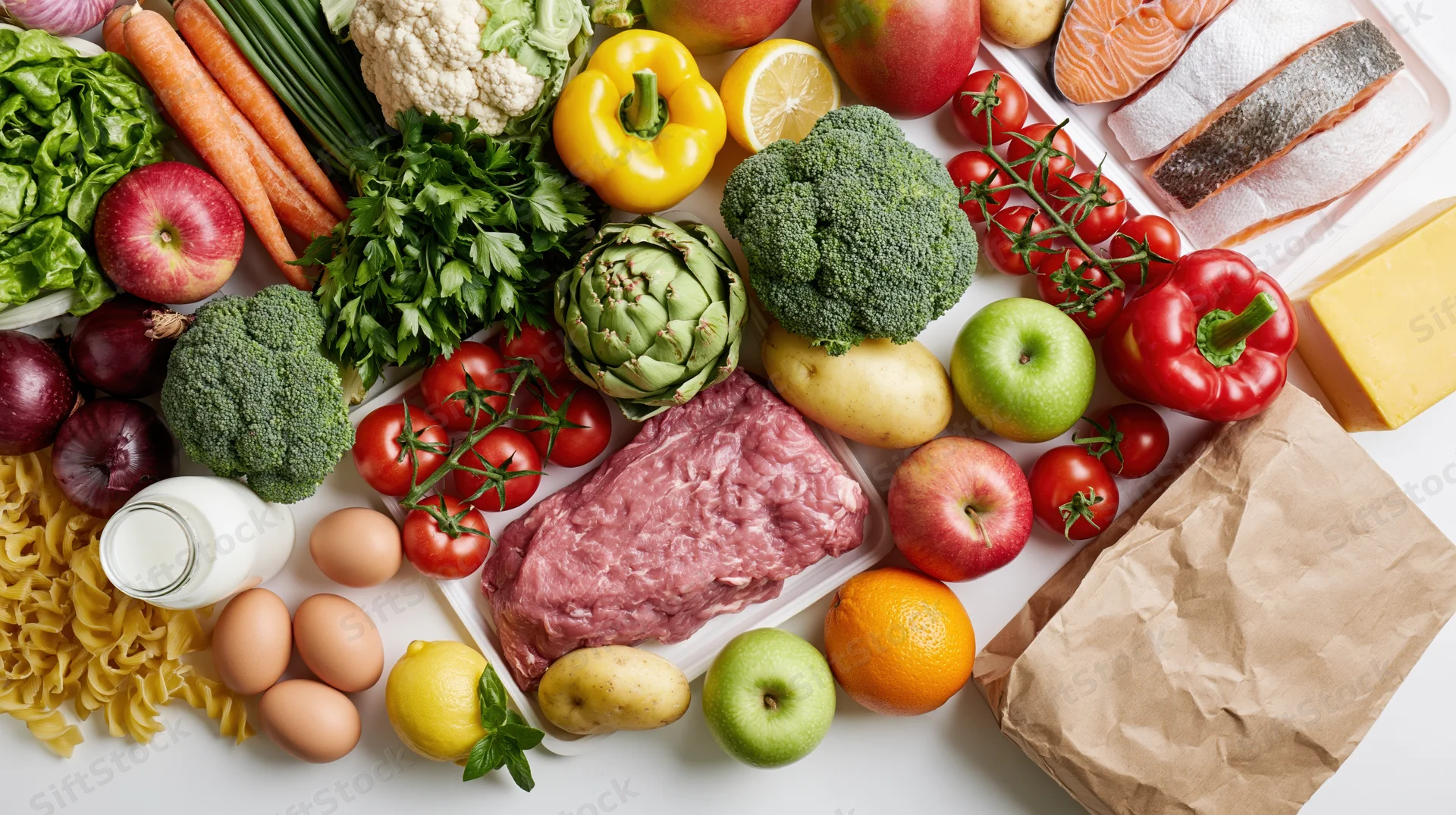 Assorted fresh groceries arranged in flat lay overhead view on white surface