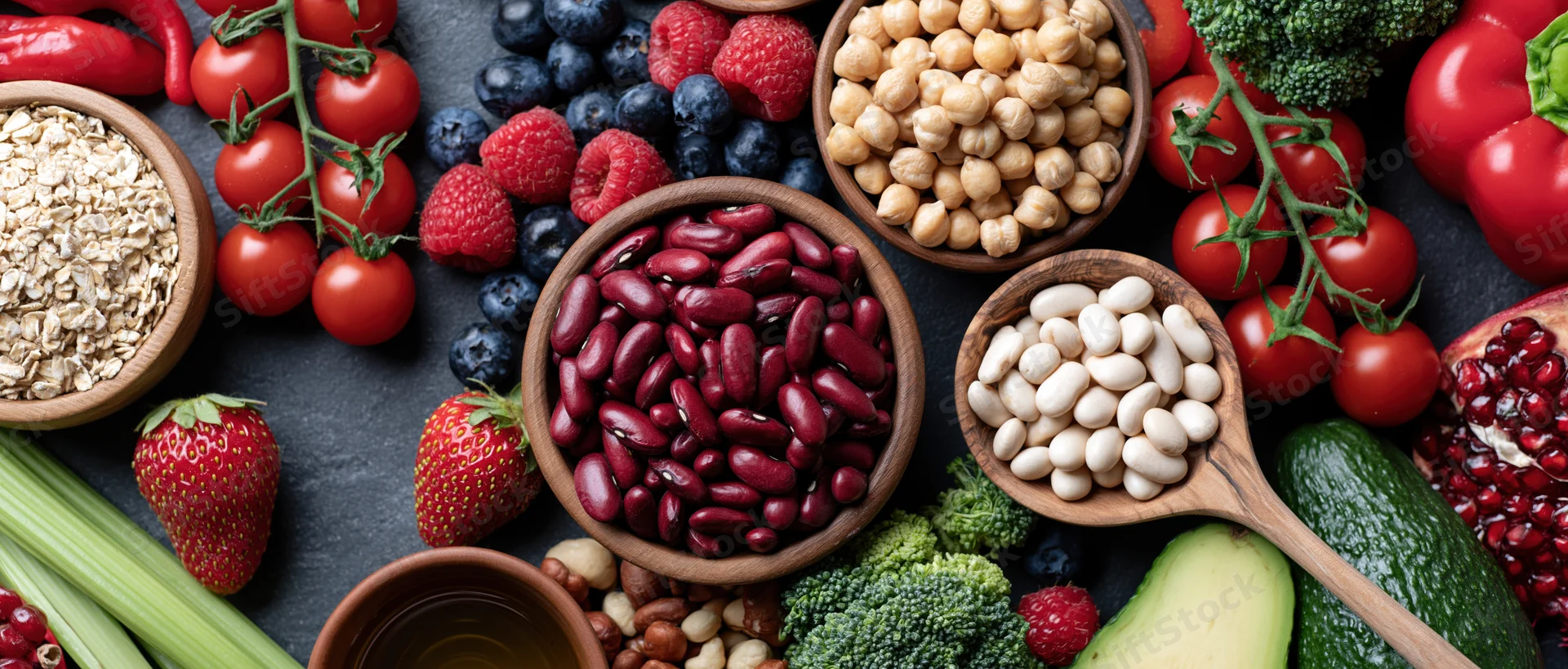 Assorted healthy foods arranged in wooden bowls and spoons on dark slate surface