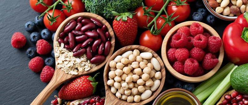 Assorted healthy foods arranged in wooden spoons and bowls on dark surface