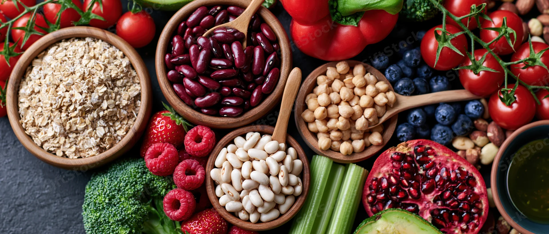 Overhead flat lay of assorted healthy foods including vegetables, fruits, beans, and grains arranged on dark surface