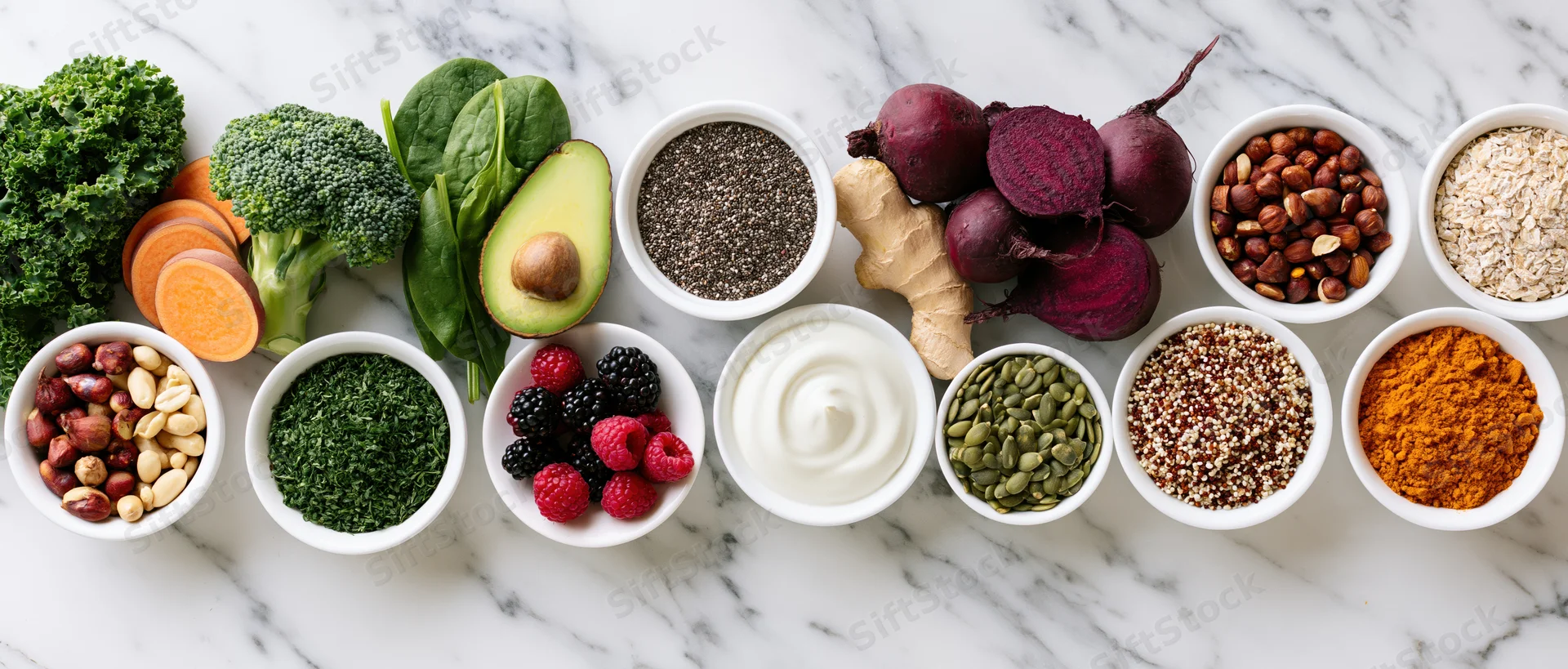 Assorted healthy whole foods arranged in bowls and piles on a marble surface