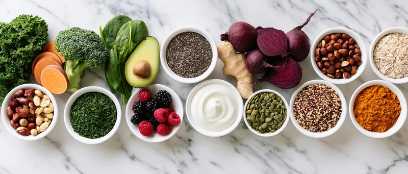 Assorted healthy whole foods arranged in bowls and piles on a marble surface