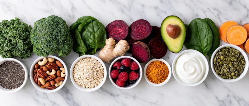Assorted healthy whole foods arranged in a row on a marble surface with bowls of nuts, seeds, yogurt and vegetables