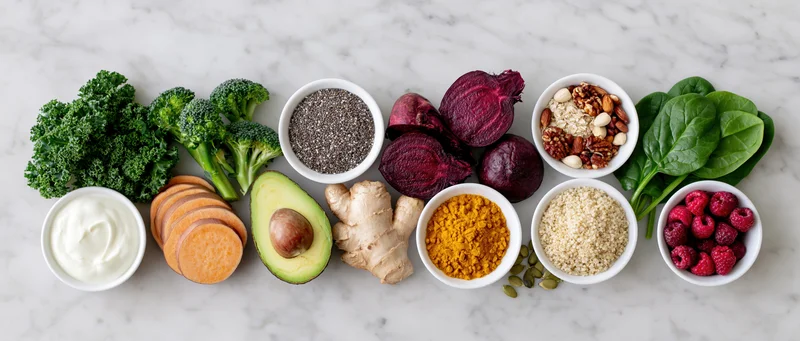 Assorted healthy whole foods arranged in bowls and piles on a marble countertop