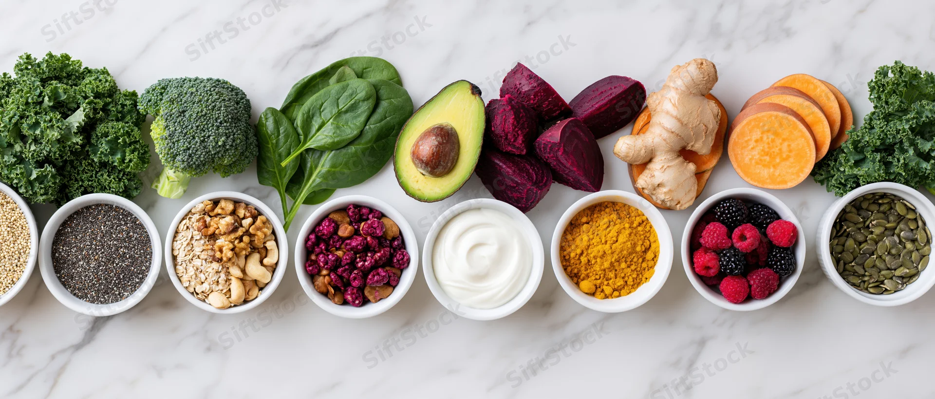 Assorted whole foods arranged in a row on a marble surface with bowls of seeds, nuts, berries and yogurt