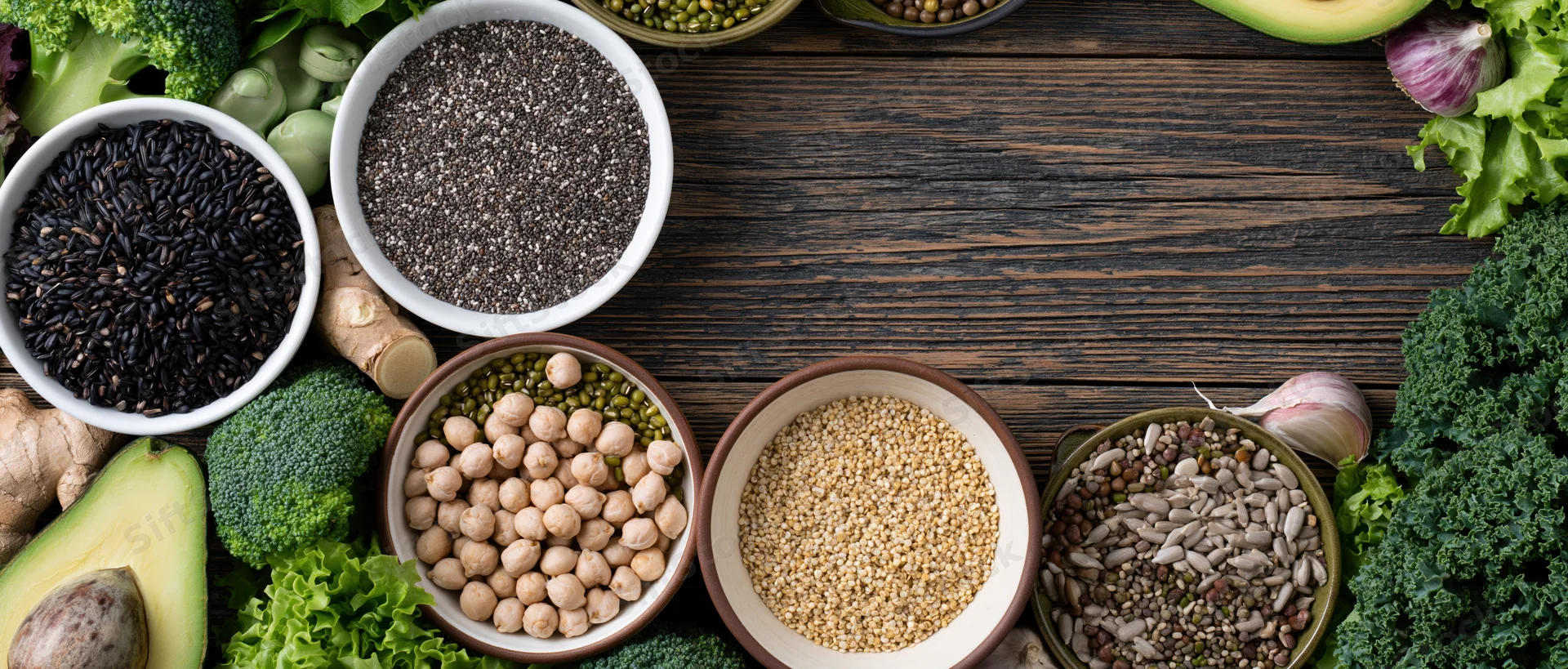 Assorted superfoods and legumes arranged in bowls on a dark wooden surface with copyspace in center