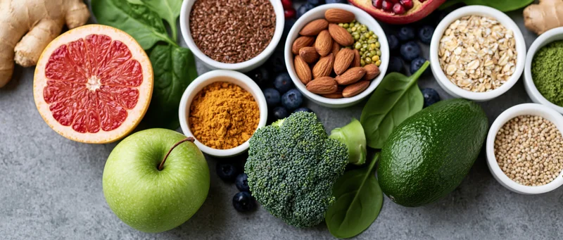 Assorted whole foods arranged in a flat lay overhead composition on a gray surface