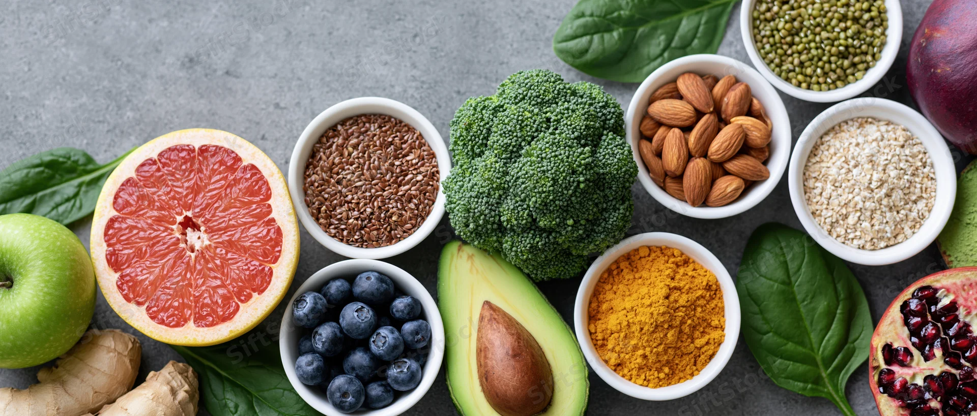 Assorted whole foods arranged in bowls and clusters on a gray surface in a flat lay overhead composition