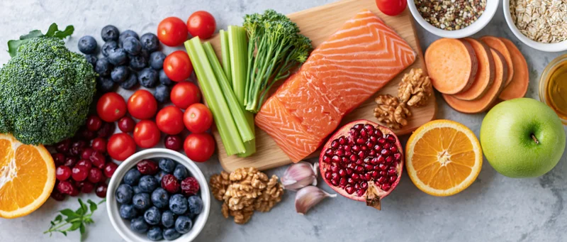 Assorted whole foods arranged on a countertop with a cutting board and bowls