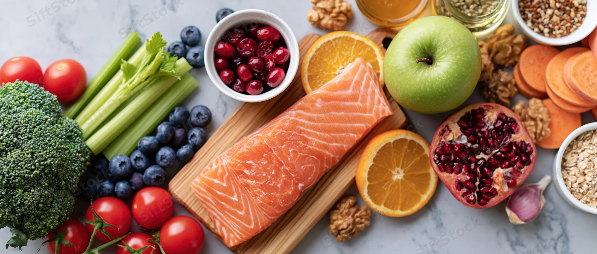 Salmon fillet on wooden board surrounded by fresh fruits vegetables nuts and seeds on marble countertop