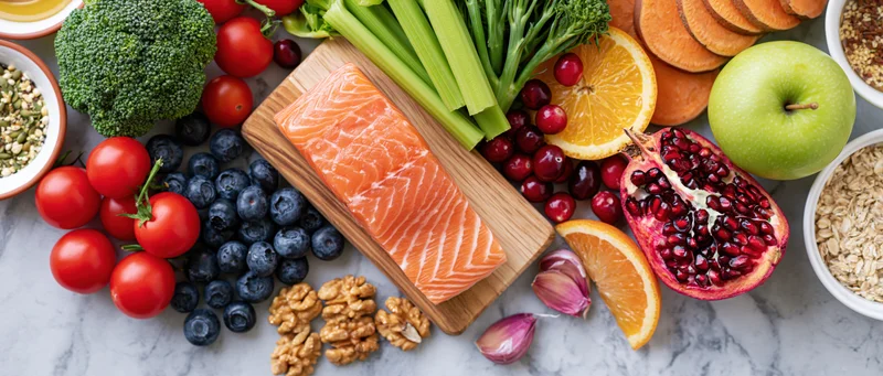 Salmon fillet on wooden board surrounded by assorted fruits and vegetables on marble surface