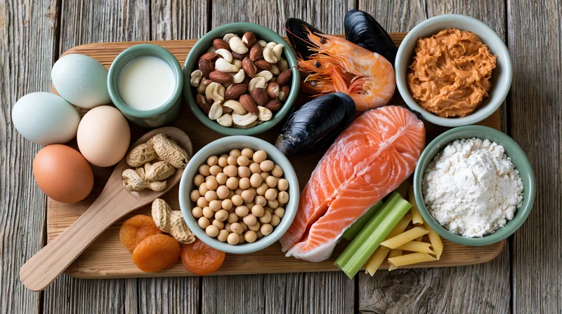 Common food allergens arranged on a wooden cutting board in a flat lay overhead composition