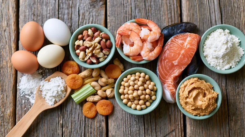 Common food allergens arranged in bowls and on a wooden surface in an overhead flat lay view