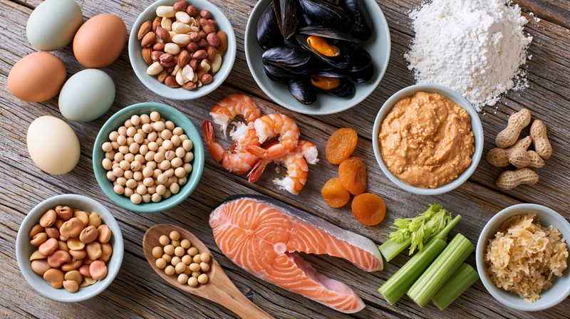 Various common food allergens arranged in bowls and on a wooden table in an overhead flat lay composition