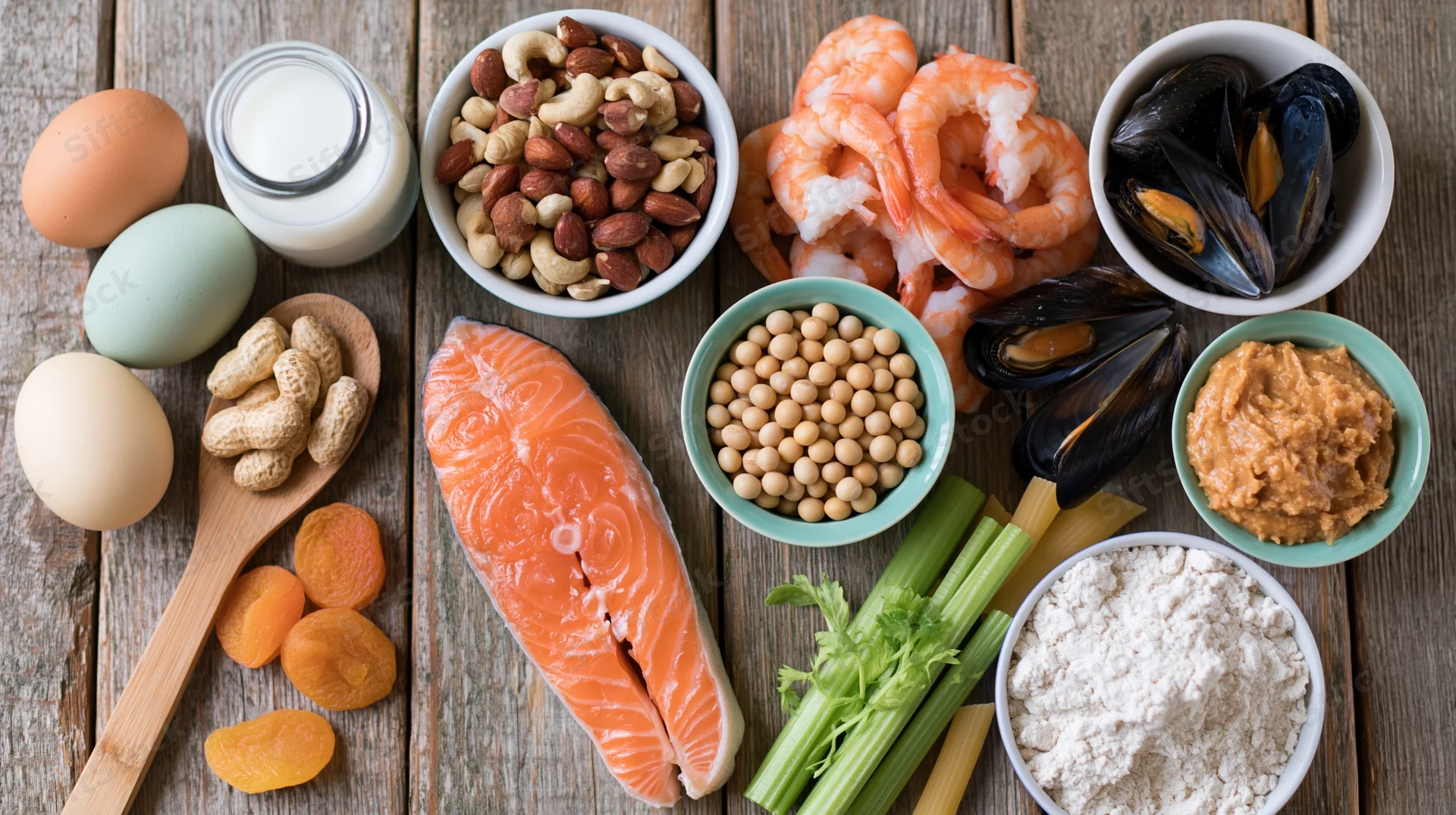 Common food allergens arranged in bowls and on a wooden table in a flat lay overhead composition