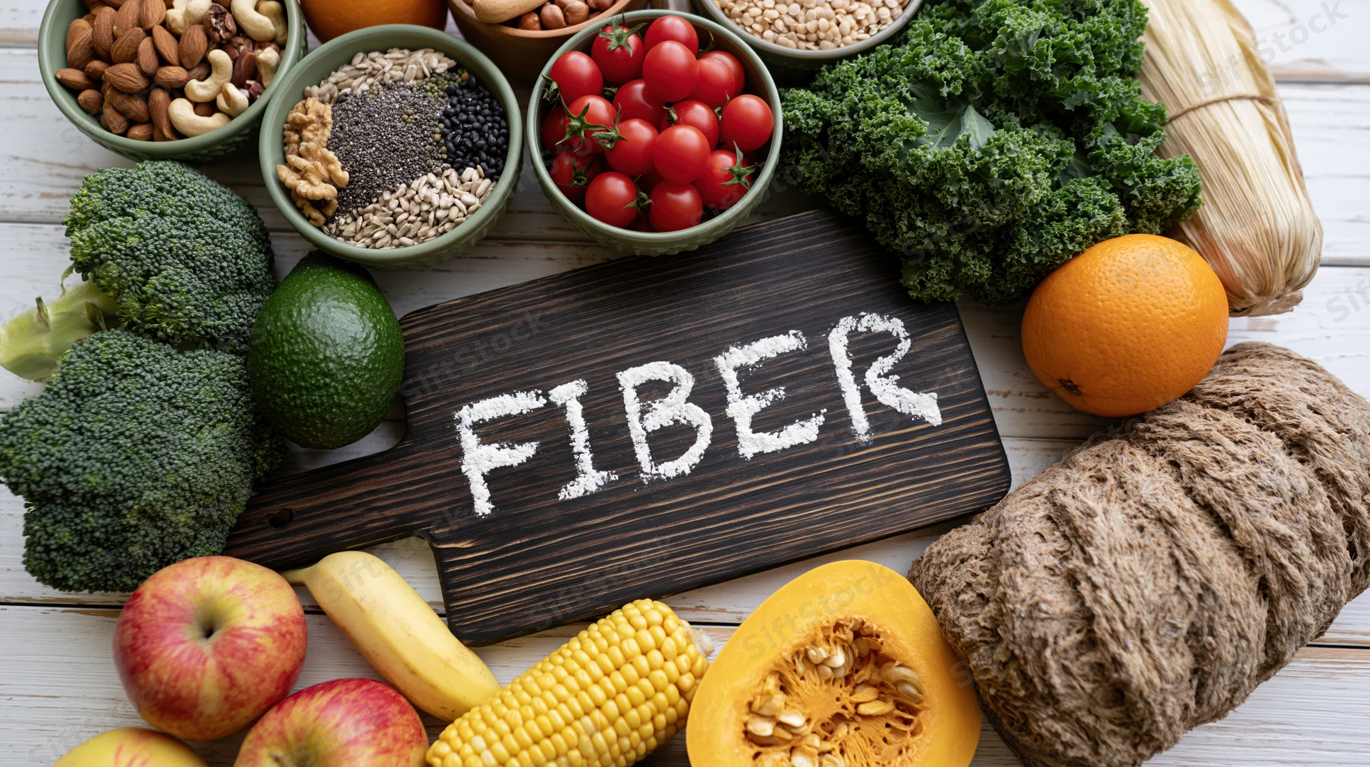 High-fiber foods arranged around a wooden cutting board with the word fiber written in white powder on it