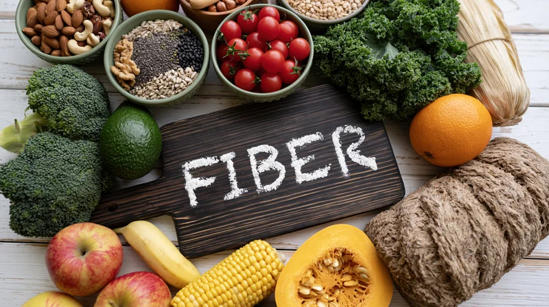 High-fiber foods arranged around a wooden cutting board with the word fiber written in white powder on it