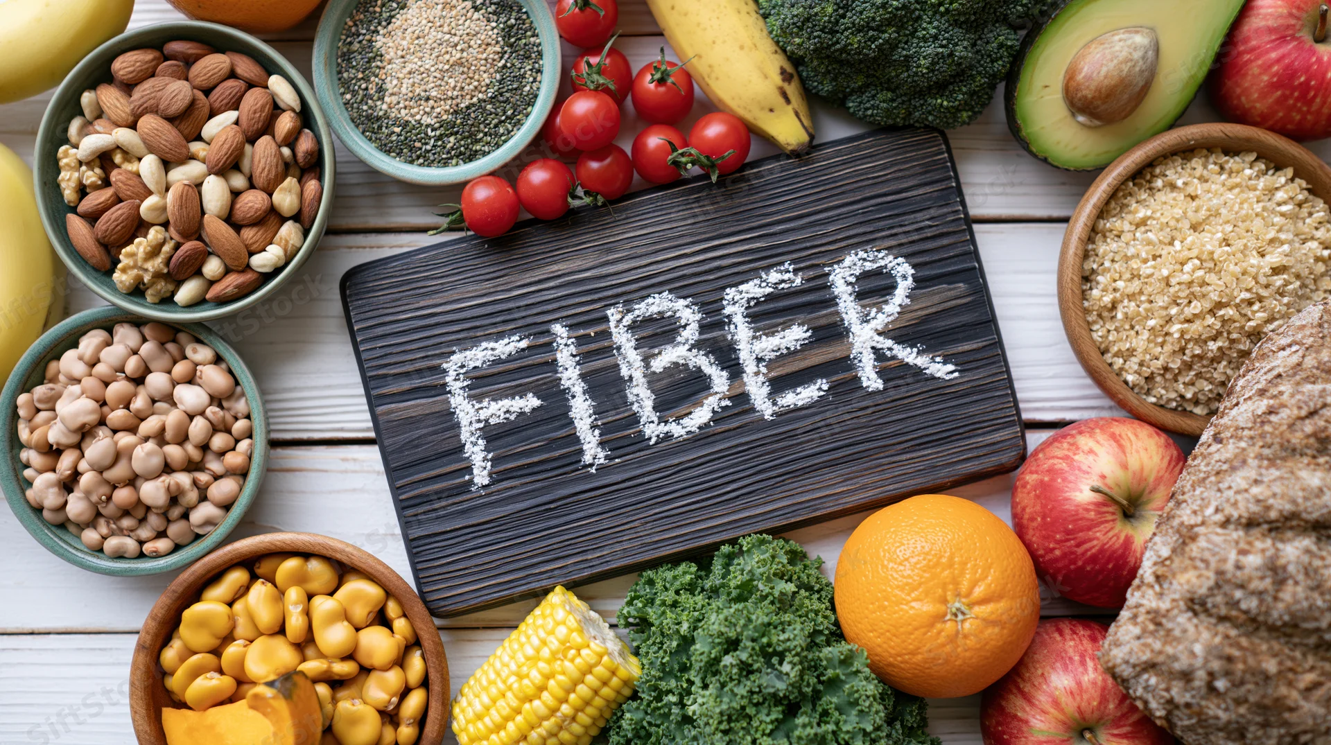 High-fiber foods arranged around a wooden board with fiber written in powder on a white wooden surface
