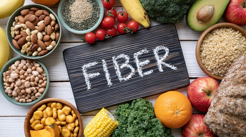High-fiber foods arranged around a wooden board with fiber written in powder on a white wooden surface