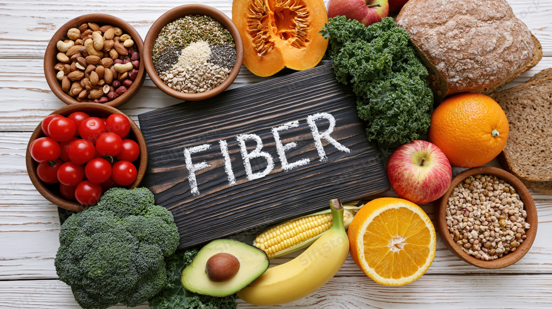 High-fiber foods arranged around a wooden sign with fiber written in salt on a white wooden table