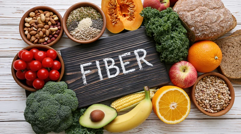 High-fiber foods arranged around a wooden sign with fiber written in salt on a white wooden table