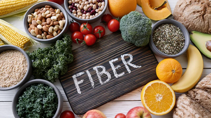 High-fiber foods arranged around a cutting board with the word fiber written in powder on a wooden surface