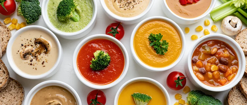Multiple ceramic bowls filled with colorful vegetable soups arranged in a flat lay overhead composition with garnishes and fresh ingredients around