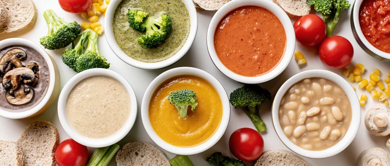 Multiple ceramic bowls filled with soups and vegetables arranged on a white surface in a flat lay overhead composition