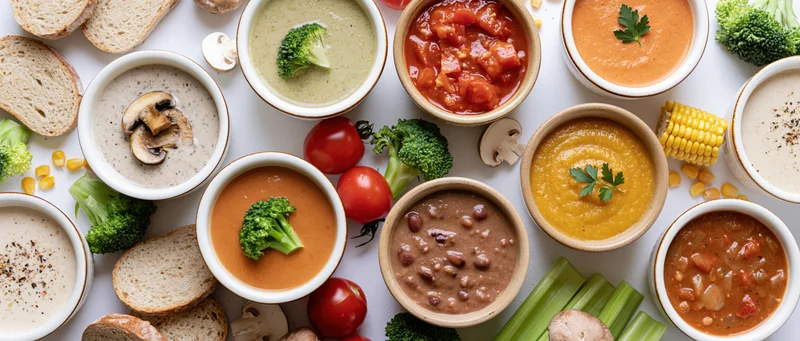 Multiple ceramic bowls of different soups arranged with vegetables and bread on a white surface