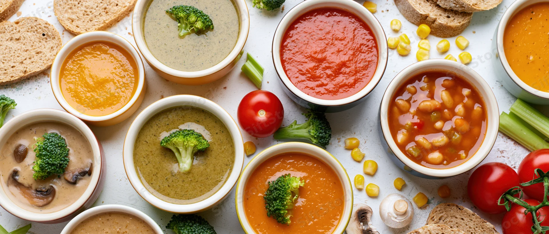 Multiple ceramic bowls of colorful soups arranged with vegetables and bread on a white surface