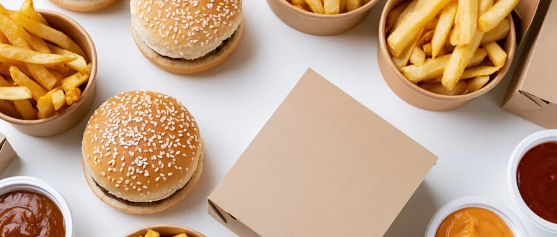 Fast food burgers and fries with condiments arranged in a flat lay on white surface