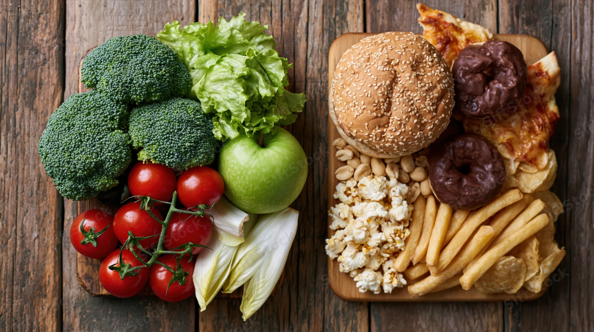 Healthy vegetables and fruits on left, junk food items on right, arranged on wooden table in split composition