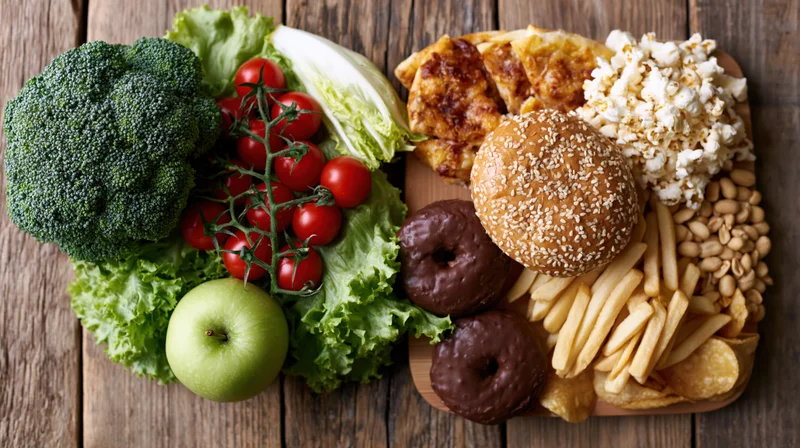 Healthy and unhealthy foods arranged side by side on a wooden table