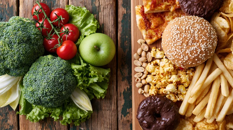 Split flat lay of fresh vegetables and fruits on left versus processed junk food on right on worn wooden table