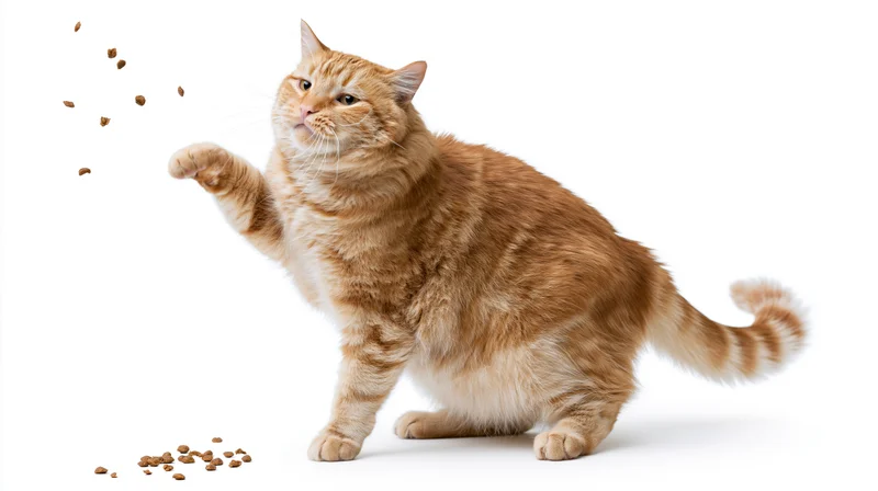 Fluffy orange tabby cat batting dry kibble pieces in mid-air against white background