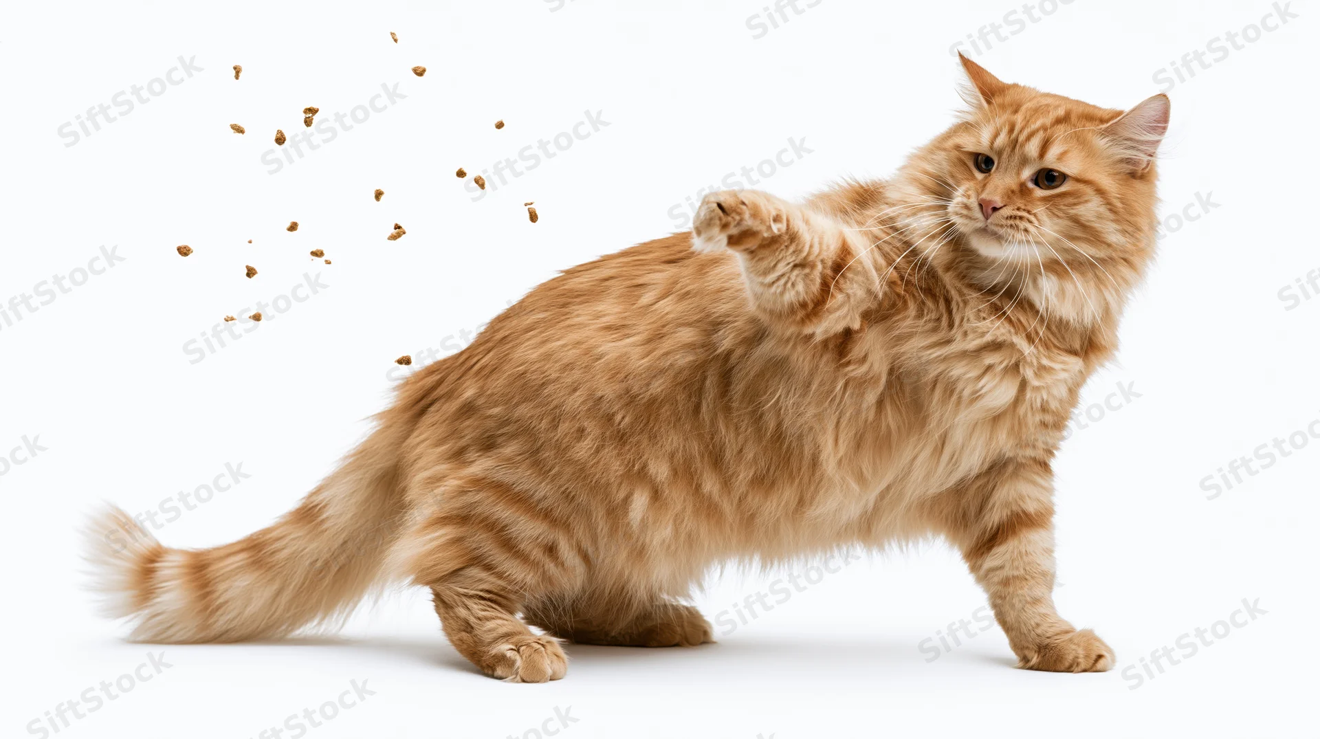 Fluffy orange tabby cat swiping at dry kibble pieces in mid-air against white background