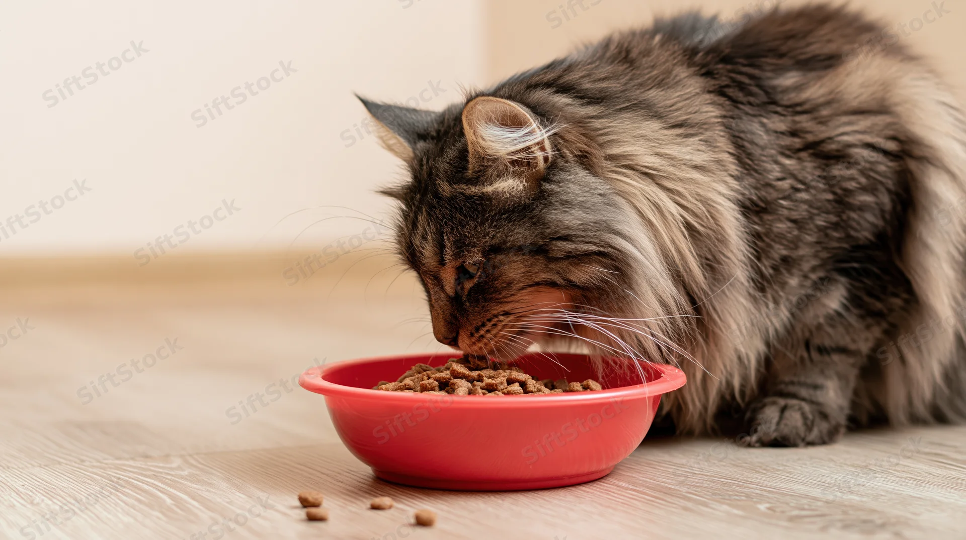 Fluffy tabby cat eating dry kibble from a red bowl on wooden floor