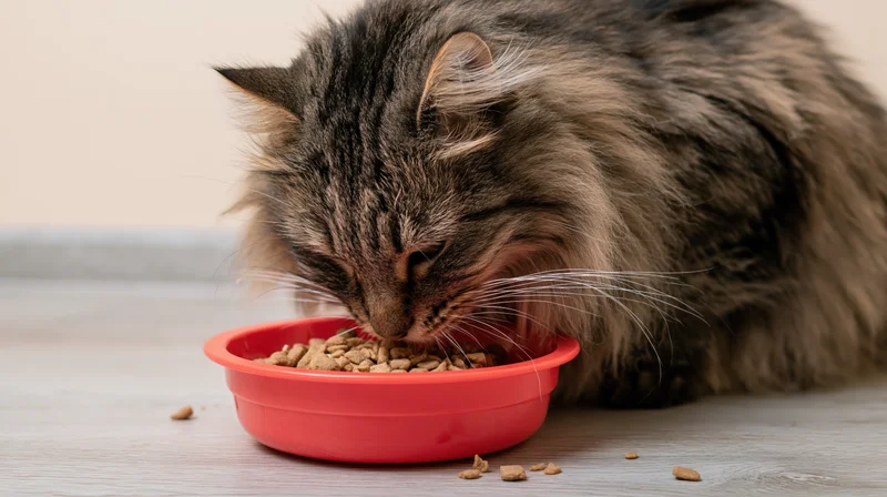 Fluffy tabby cat eating dry kibble from a red bowl on wooden floor