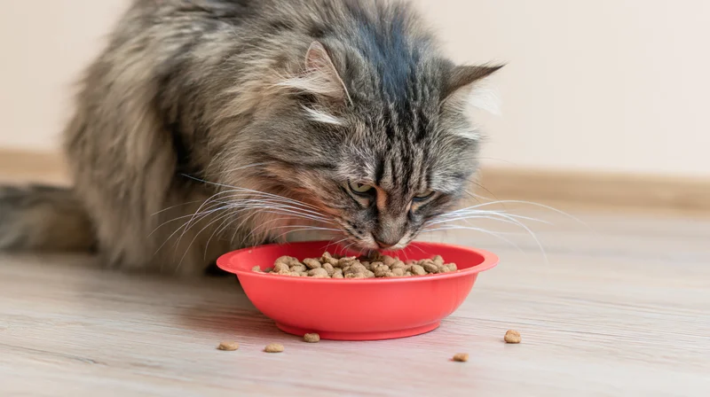 Fluffy tabby cat eating dry kibble from a red bowl on wooden floor