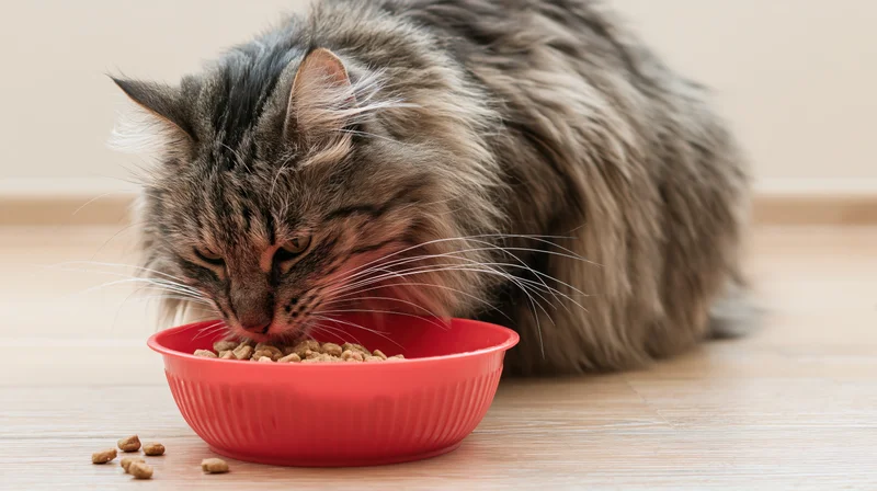 Fluffy tabby cat eating dry kibble from a red bowl on wooden floor