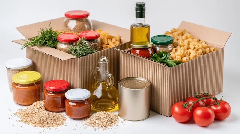 Food donation supplies arranged in cardboard boxes on white surface